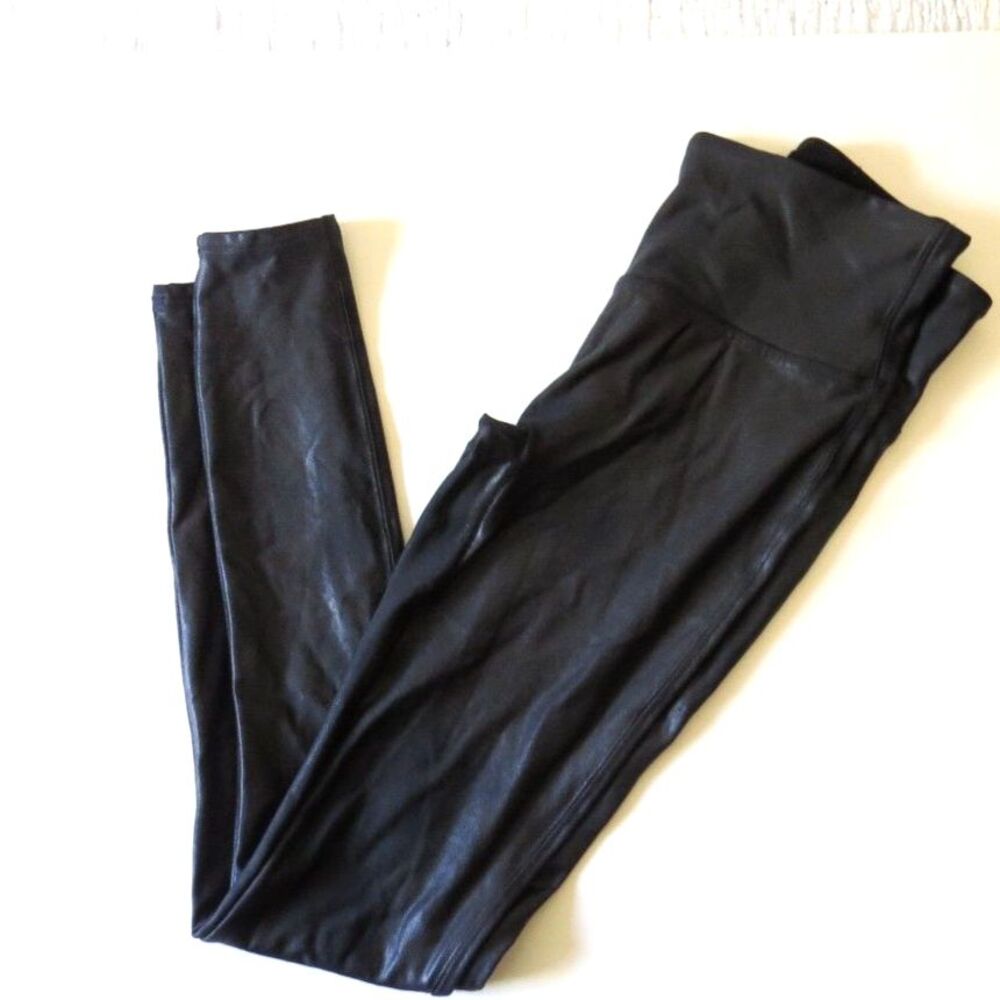 SPANX Faux Leather Leggings Black  High Waisted Compression Small  EUC